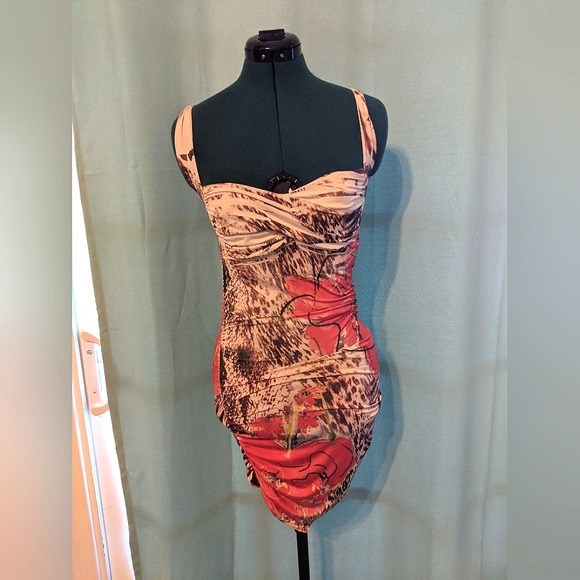 Y2K Bodycon Sweetheart Neckline Abstract Animal Print Cross back Mini Dress Sz S - Picture 1 of 6